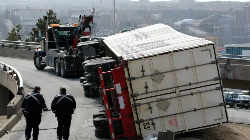 Large truck overturned on highway shoulder after accident.