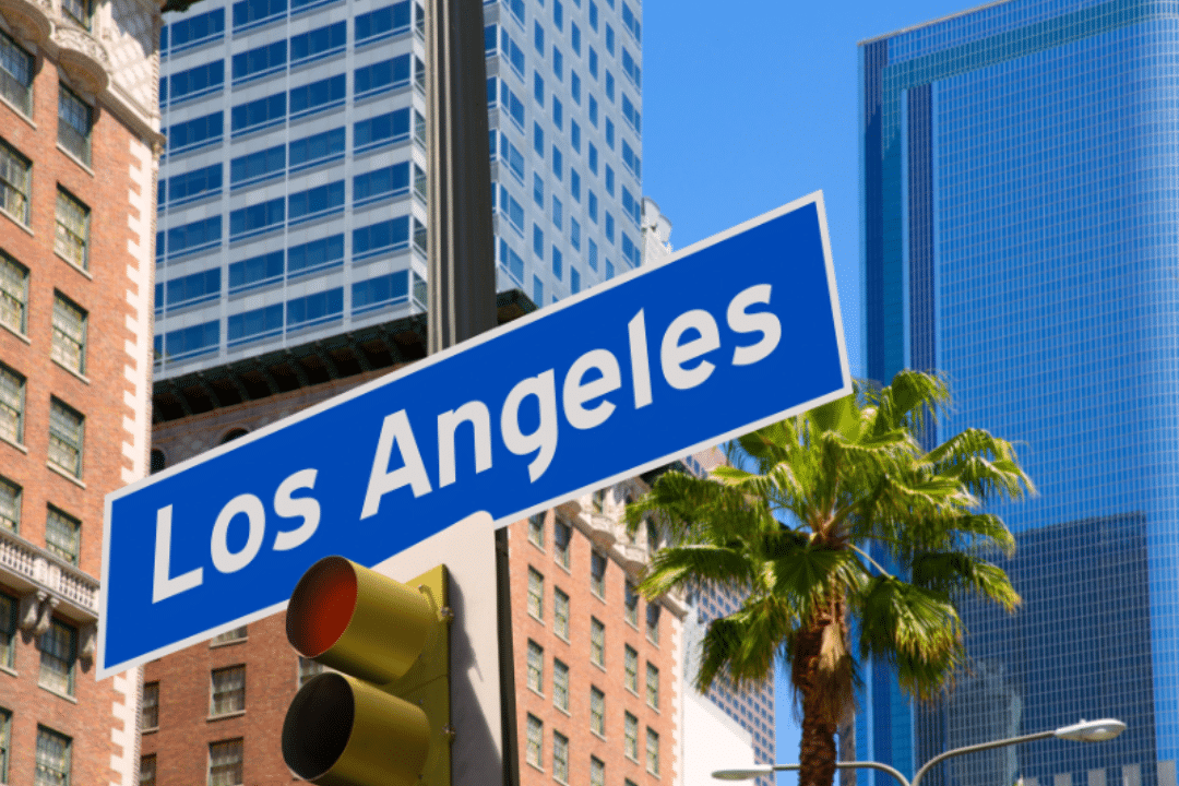 Los Angeles street sign with downtown skyscrapers and palm trees in the background, representing the urban setting of freeway accident cases.