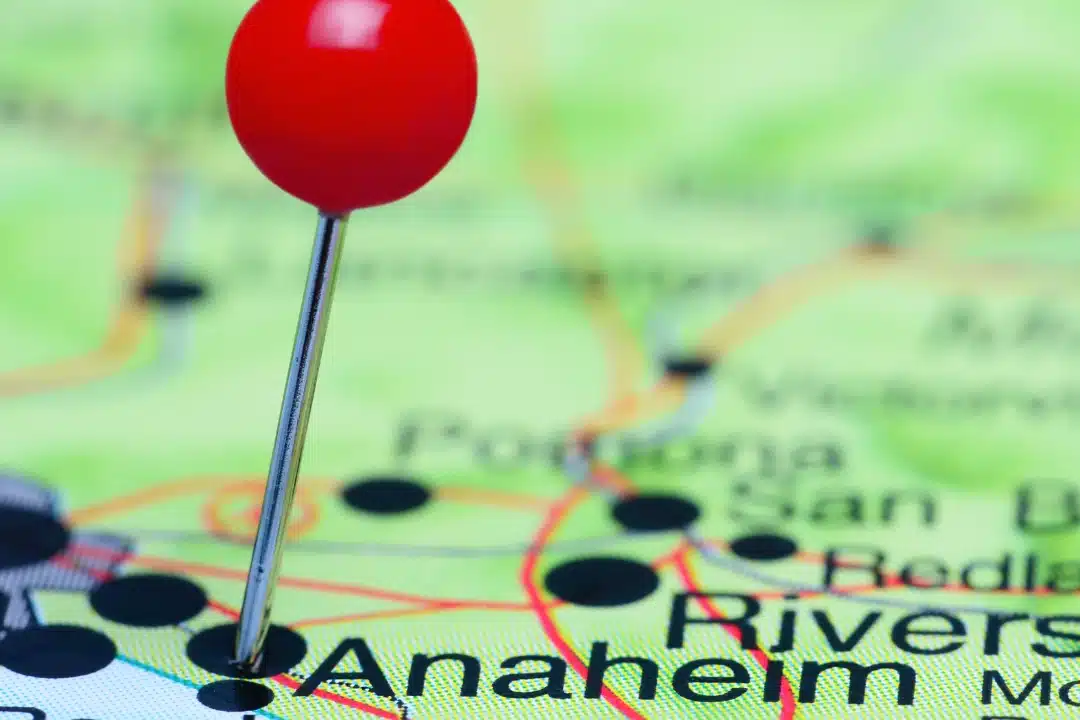 Map view highlighting Anaheim, California with a location pin marking the city center.