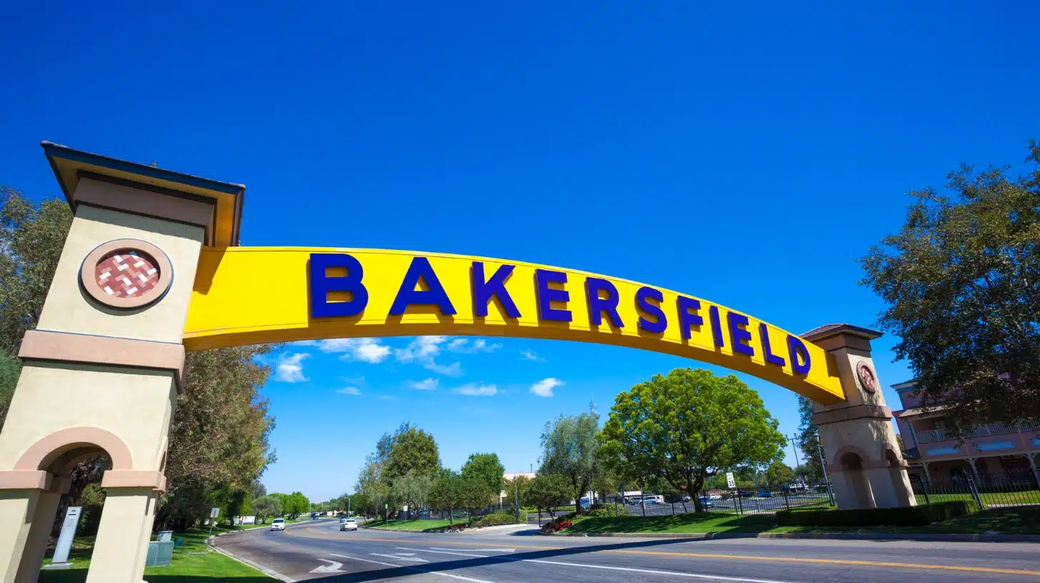 Bakersfield city entrance arch sign over a roadway in Bakersfield, California.