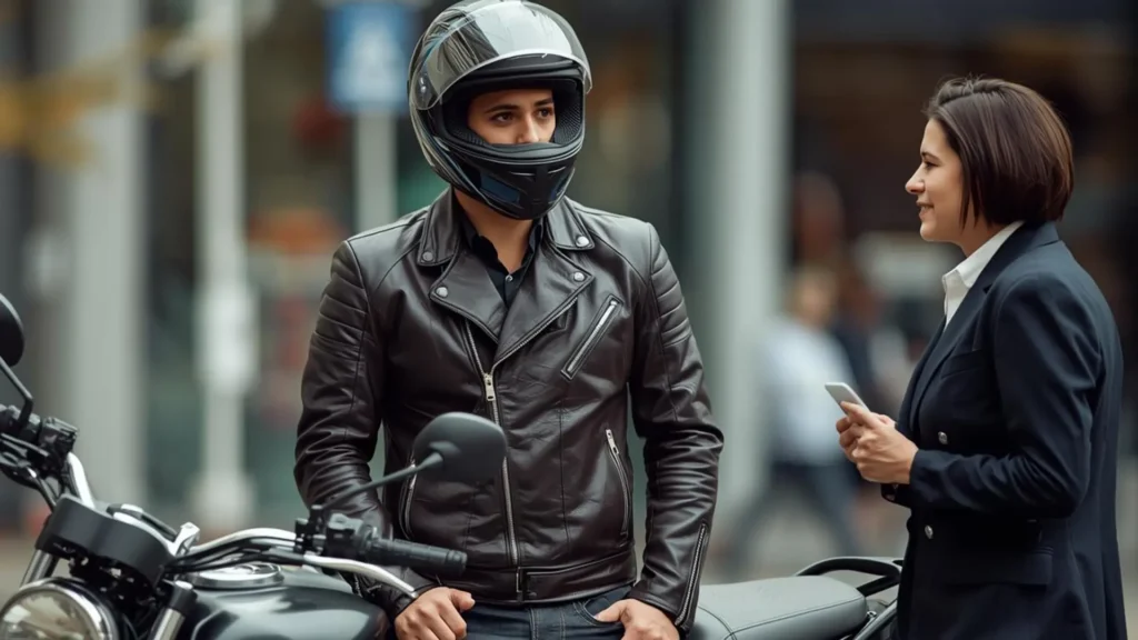 Rider holding helmet near wrecked bike, reflecting uncertainty after crash.